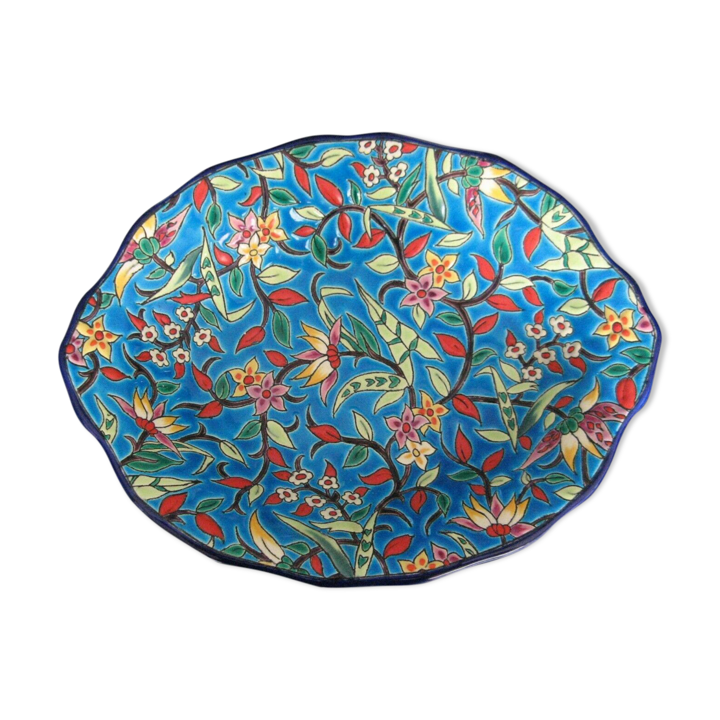 Panière enamels de Longwy decoration turquoise blue background and flowers