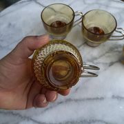 Set of 4 vintage amber glass and chrome metal cups – 1970s