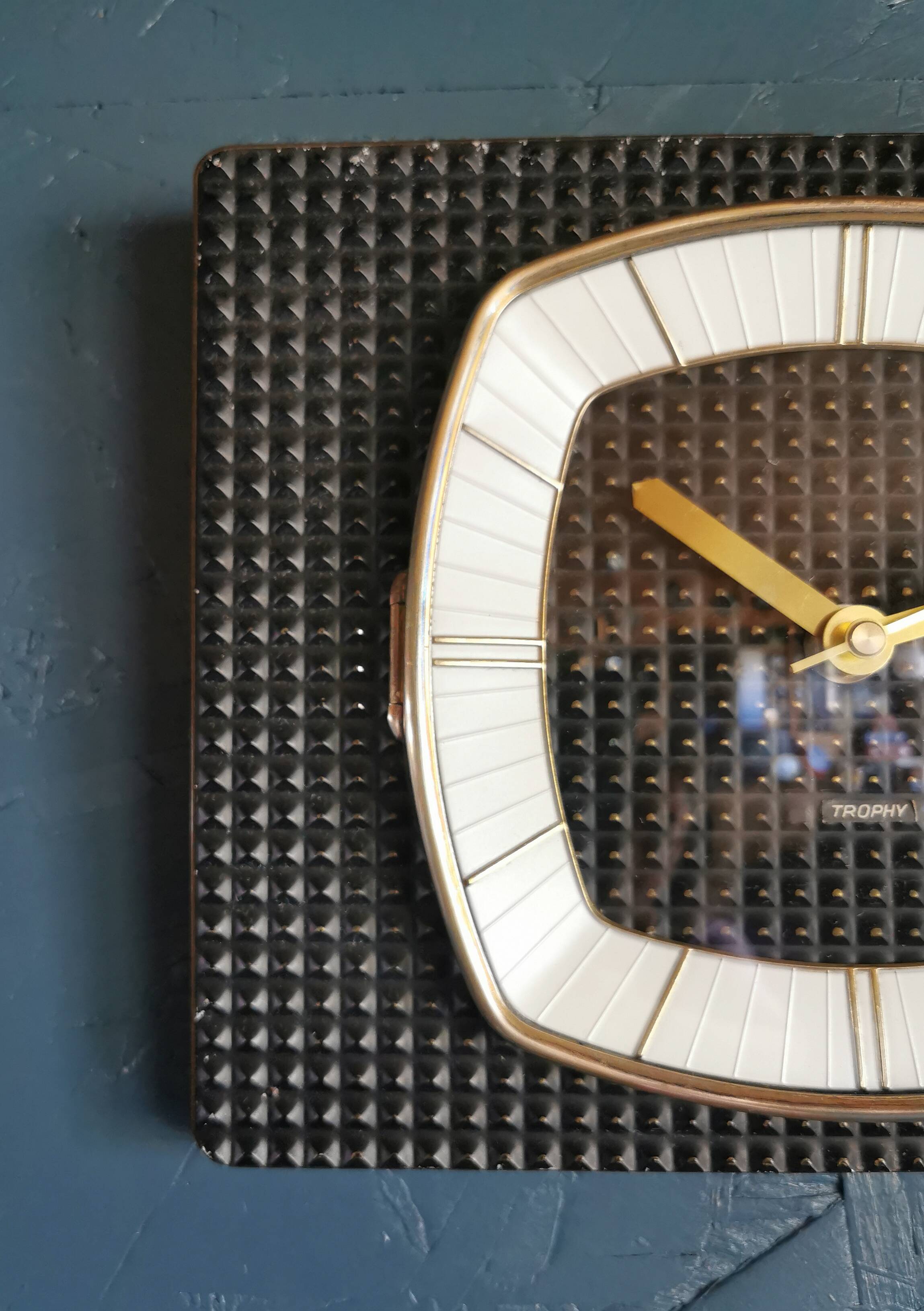 Vintage formica clock rectangular silent wall pendulum "Trophy black reliefs"