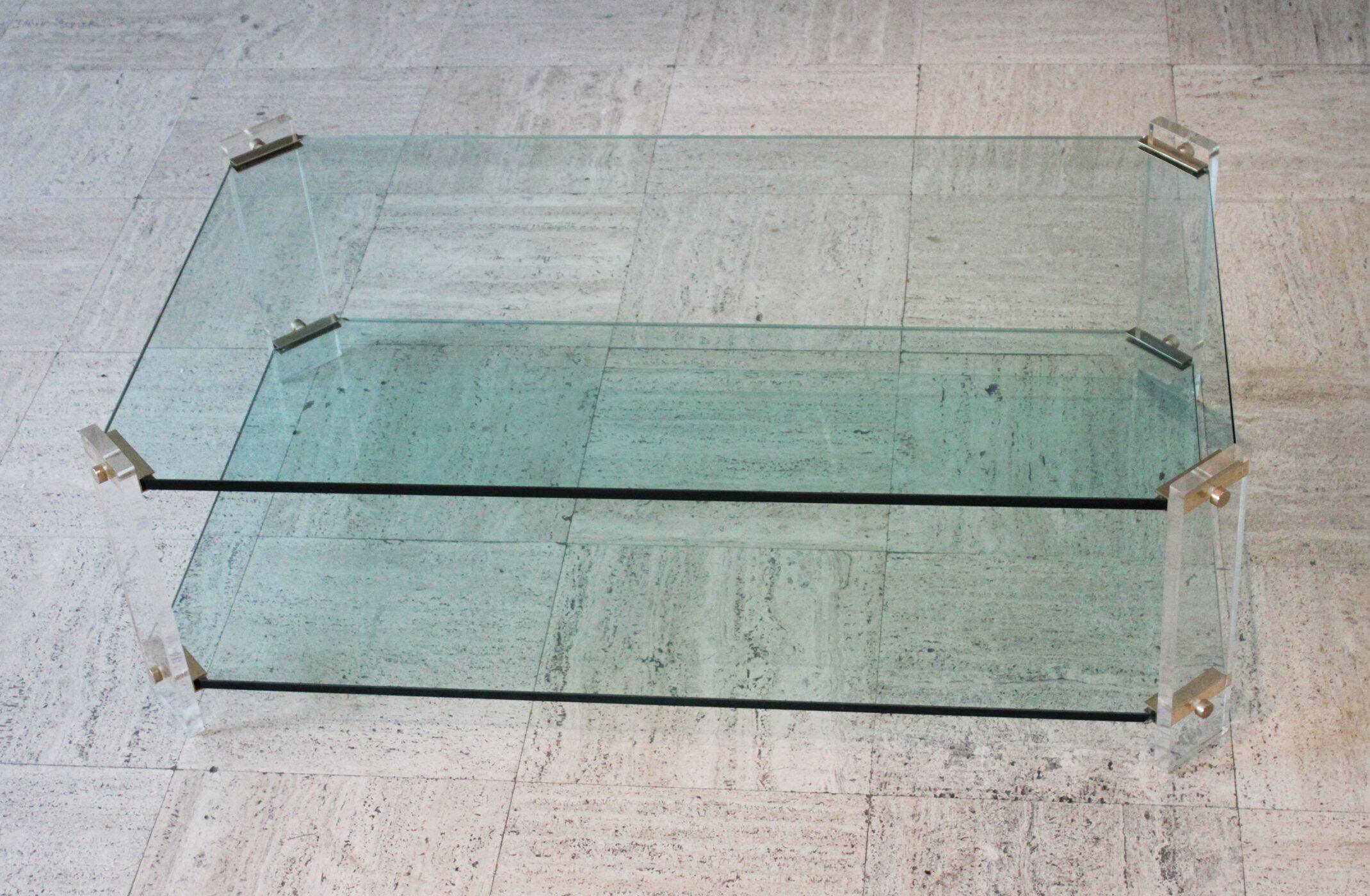 Glass and brass coffee table, Hollywood Regency style, 70's.