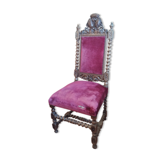 Chaise "royale" du 19ème, blason de comte, bois sculpté, recouvert de velour rouge