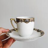 7 Limoges porcelain cups and saucers with gold decoration and floral motif.