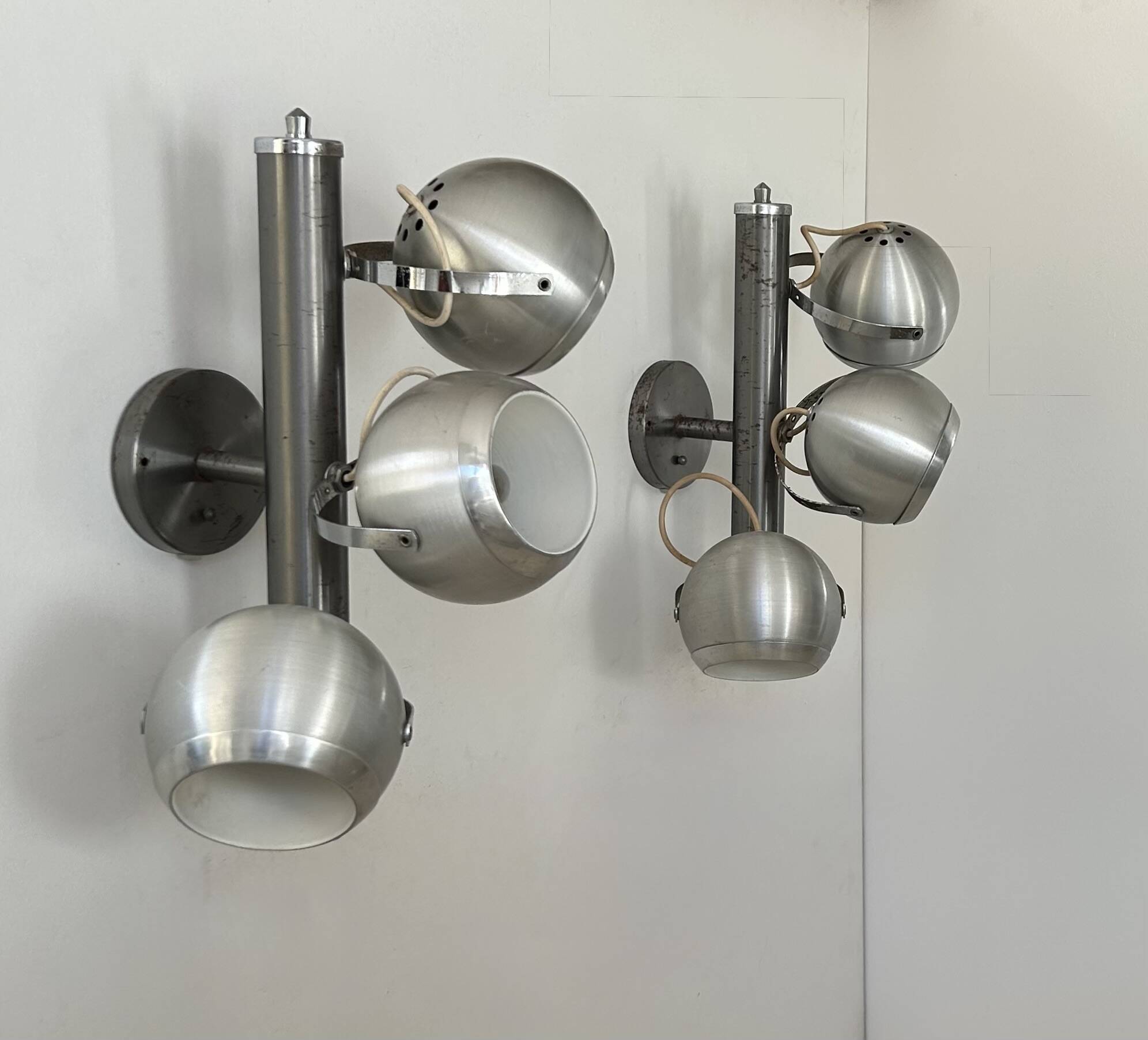 Pair of vintage adjustable wall lights, chrome and brushed metal, France 1970