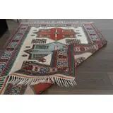 1960's Vintage Turkish Milas Handmade Wool Cotton Red Blue Area Rug 130x180