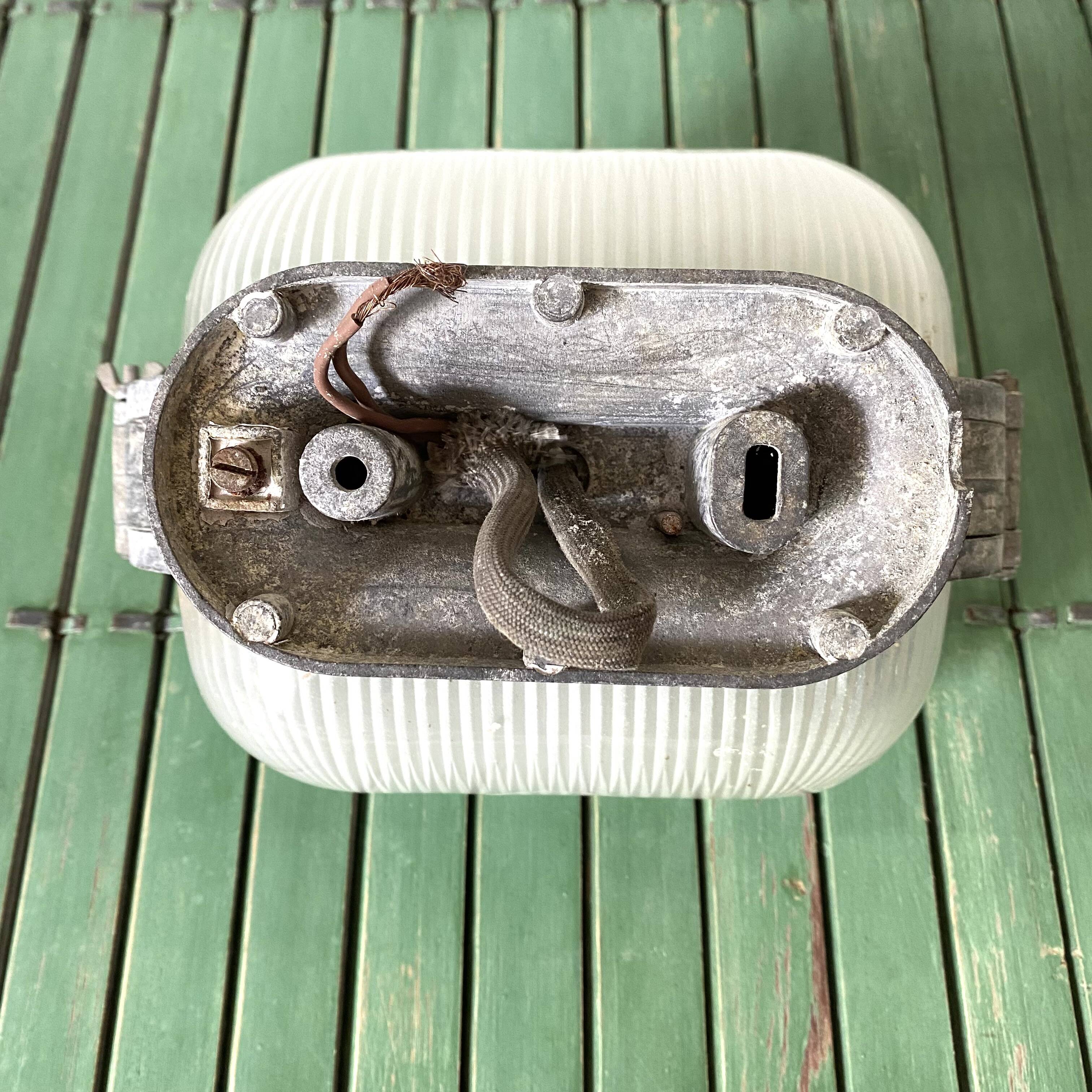 Vintage industrial double porthole applique, Holophane glass, rare model.