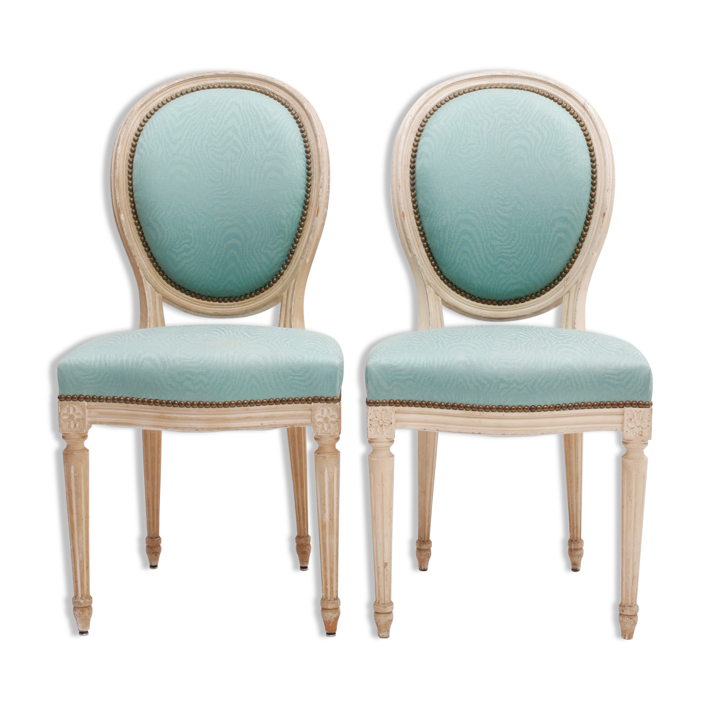 Pair of Louis XVI style armchair medallion chairs in turquoise blue color