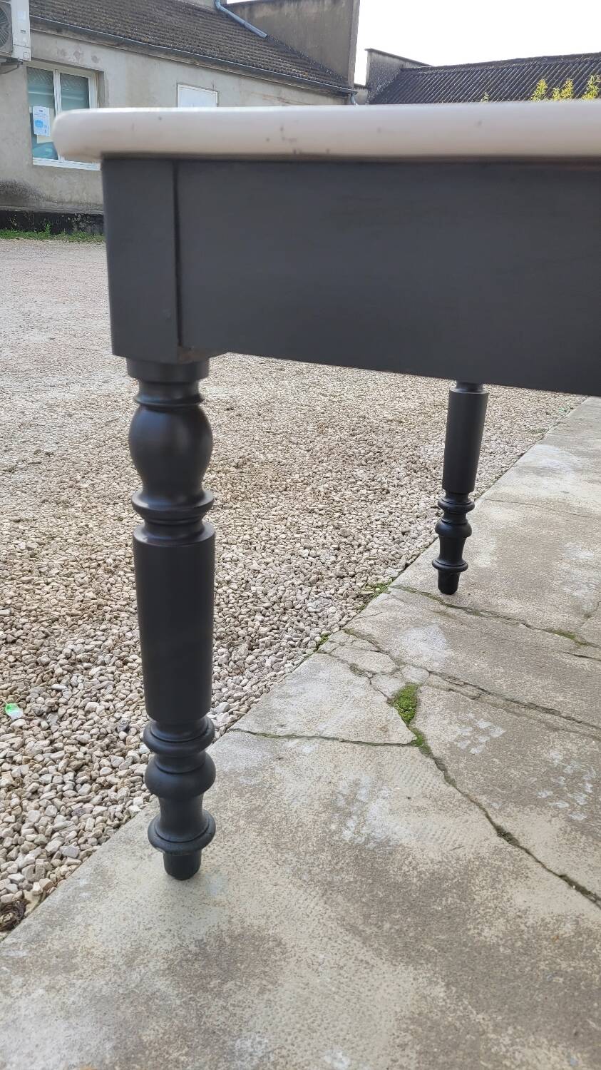 Antique patinated bistro farmhouse table, one drawer