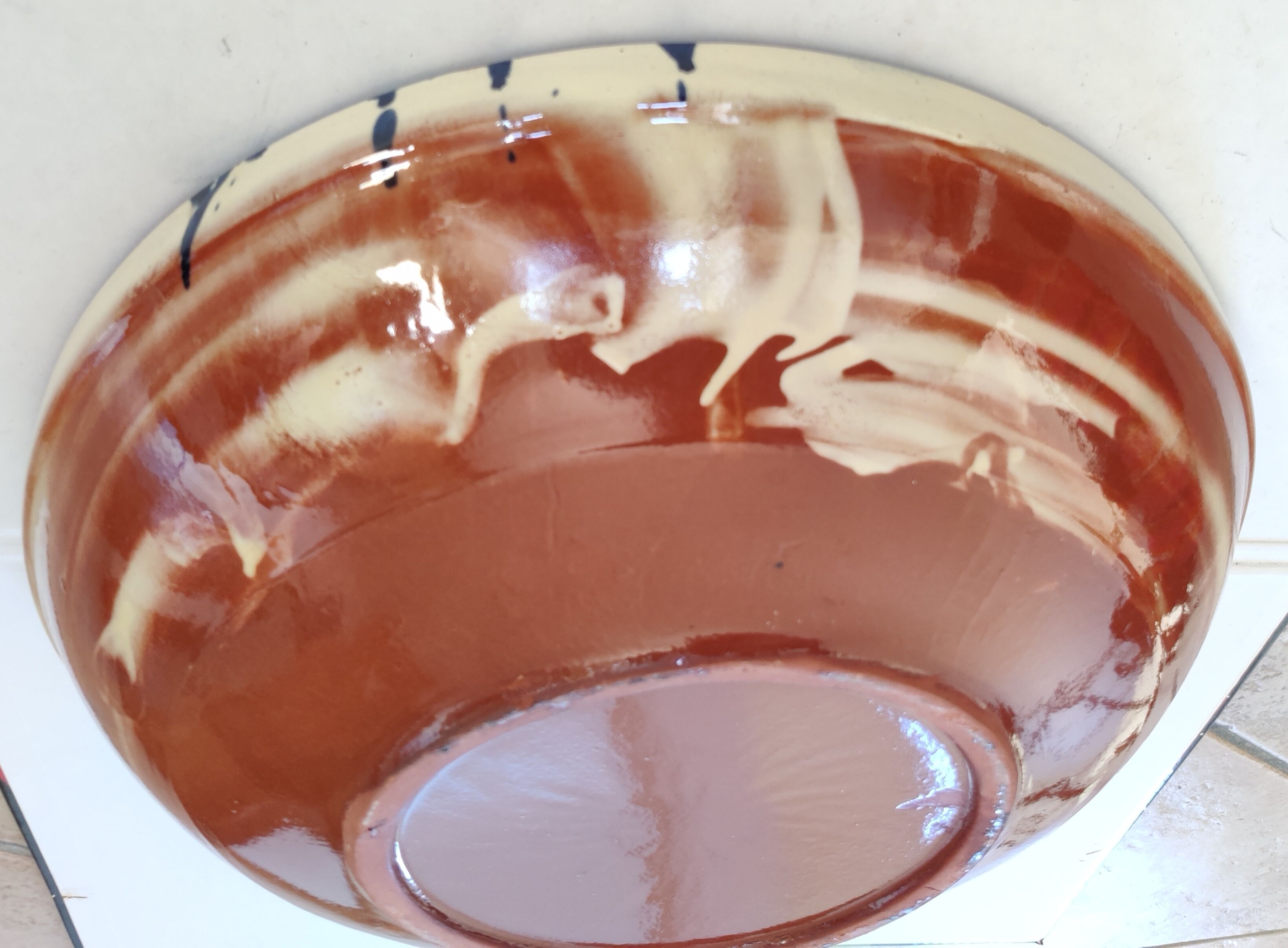 large round dish jatte salad bowl glazed terracotta blue cream