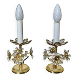 Paire de lampes fleurs , Hollywood Regency, cristal et laiton doré, 1970