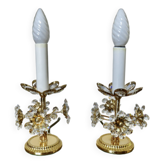 Paire de lampes fleurs , Hollywood Regency, cristal et laiton doré, 1970