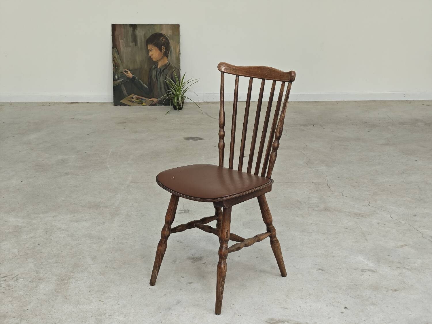 Baumann Tacoma bistro chair, wood and brown faux leather, 1960.