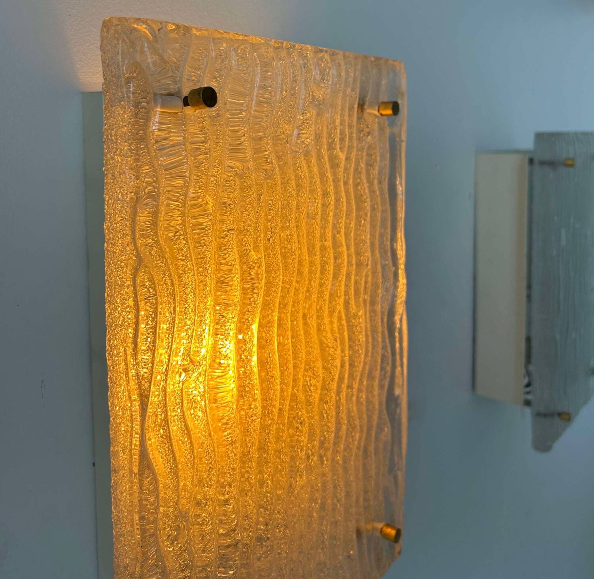 Pair of vintage sconces, molded frosted glass, Murano Italy 1970