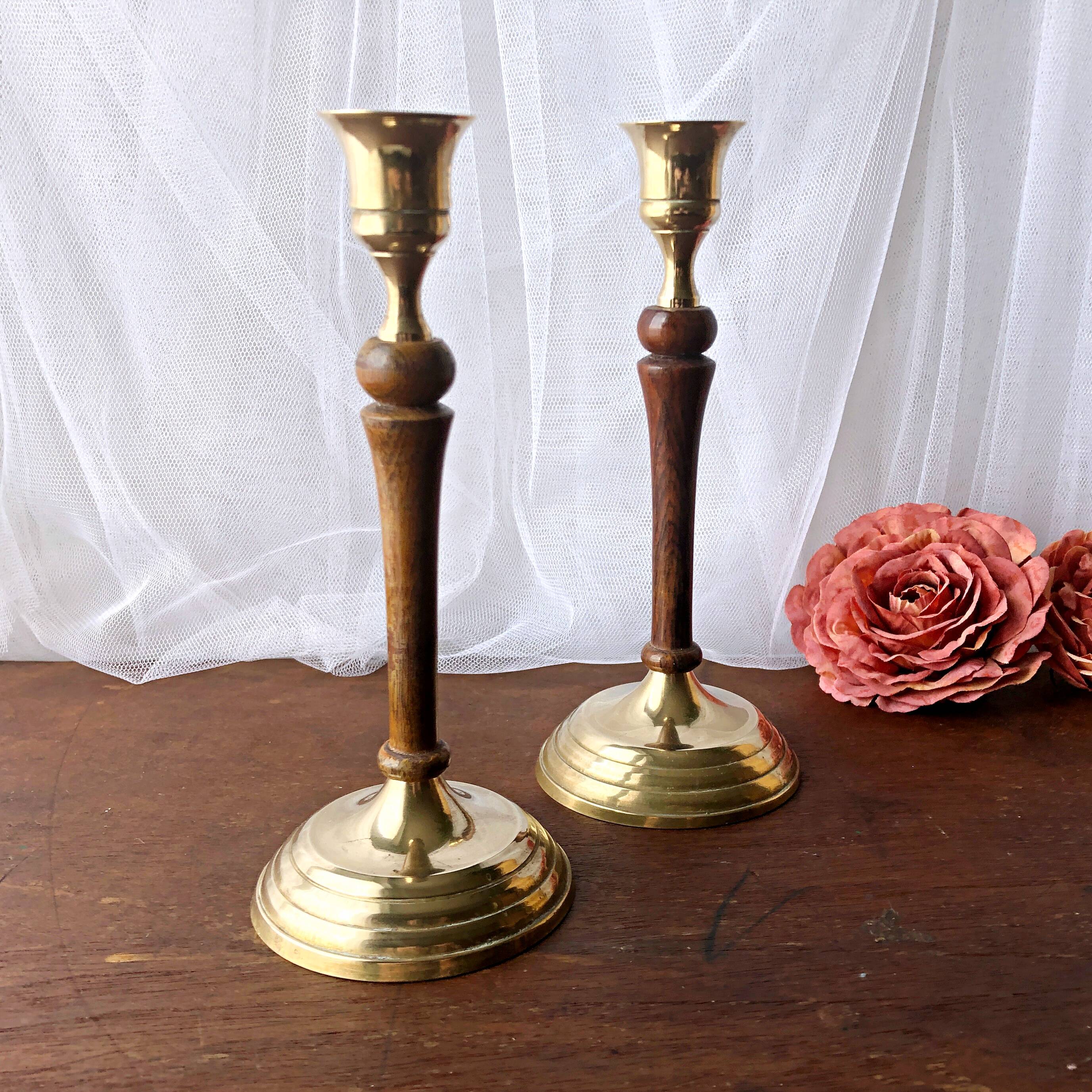 Pair of gilded brass and vintage Indian wood candlesticks