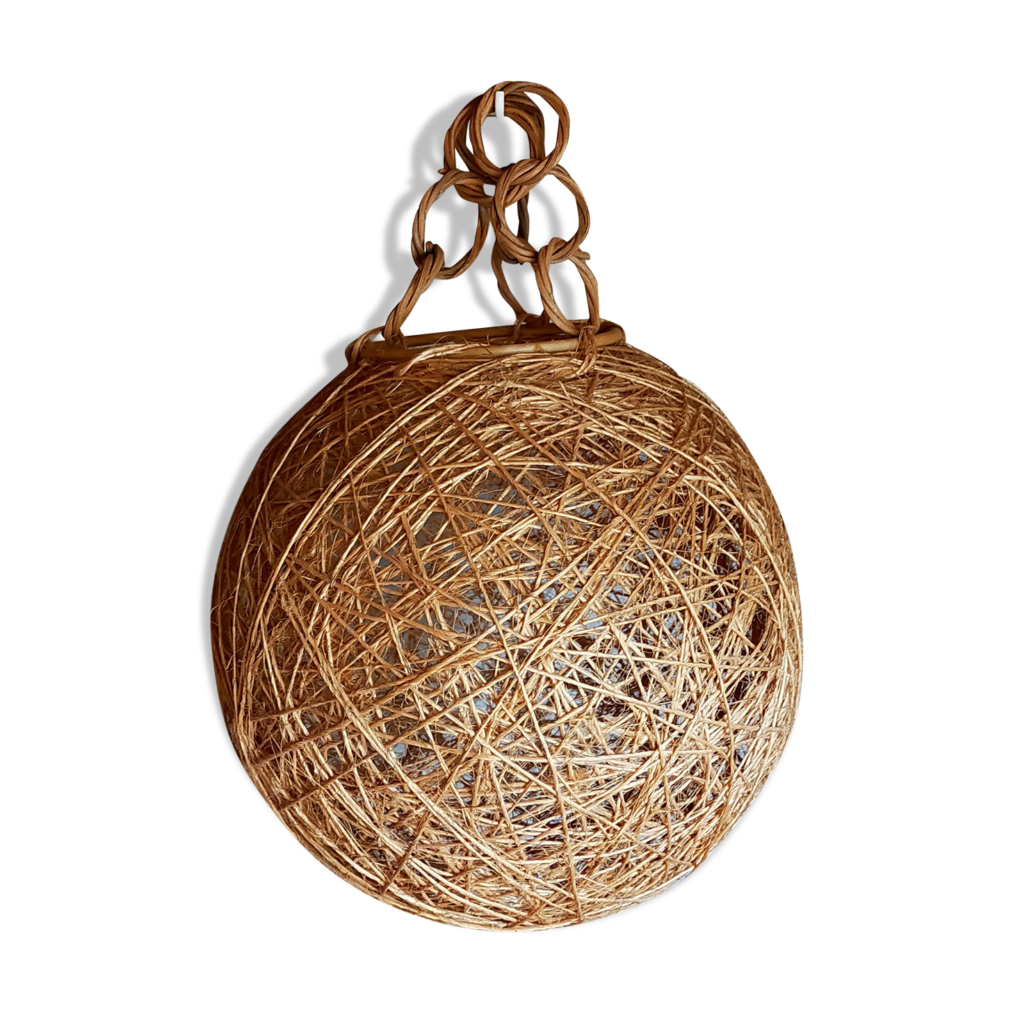 Abat-jour boule vintage ficelle naturelle et osier à suspendre
