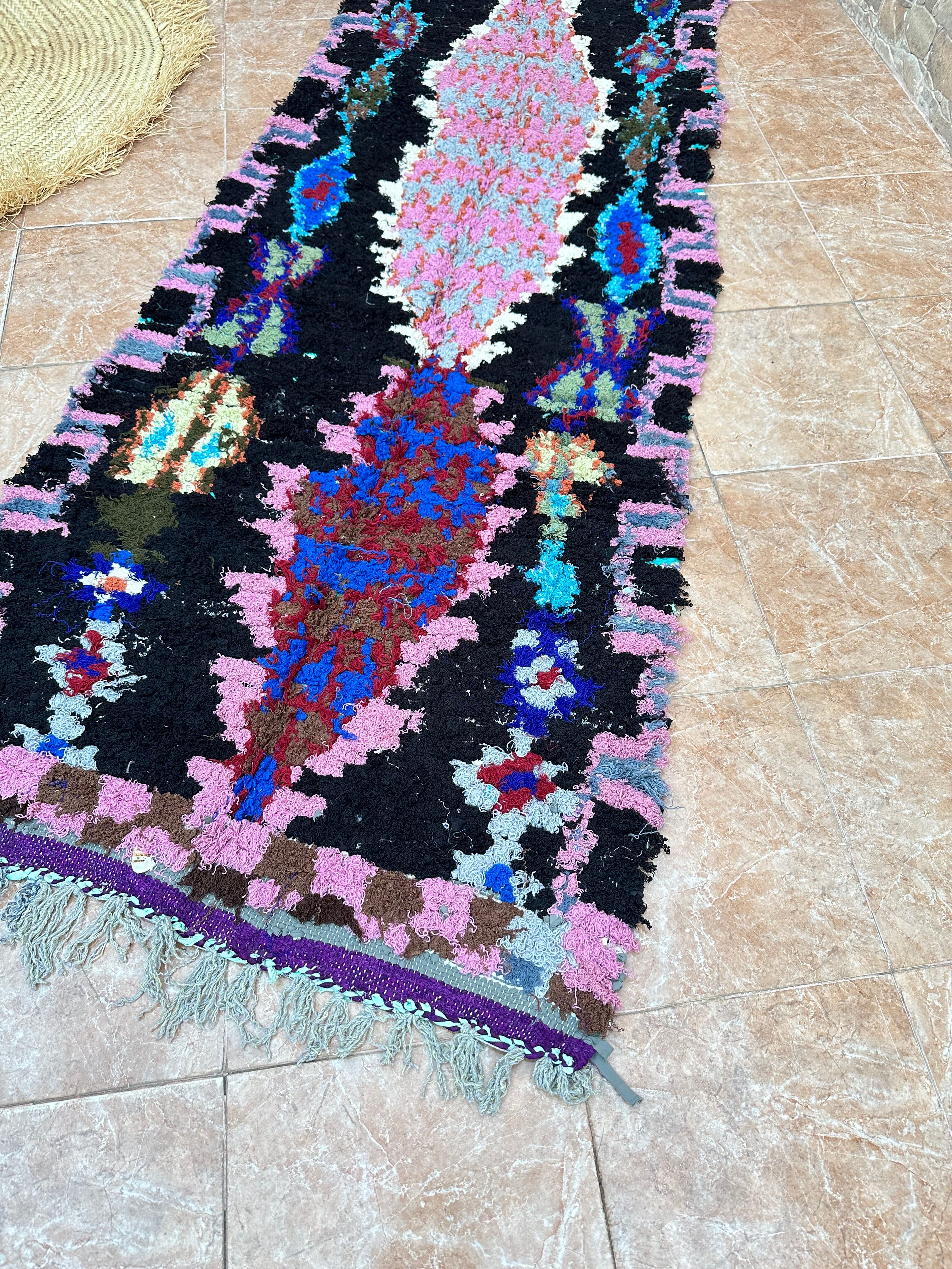 Vintage Berber Boucherouite hallway rug: Handwoven Moroccan rug.