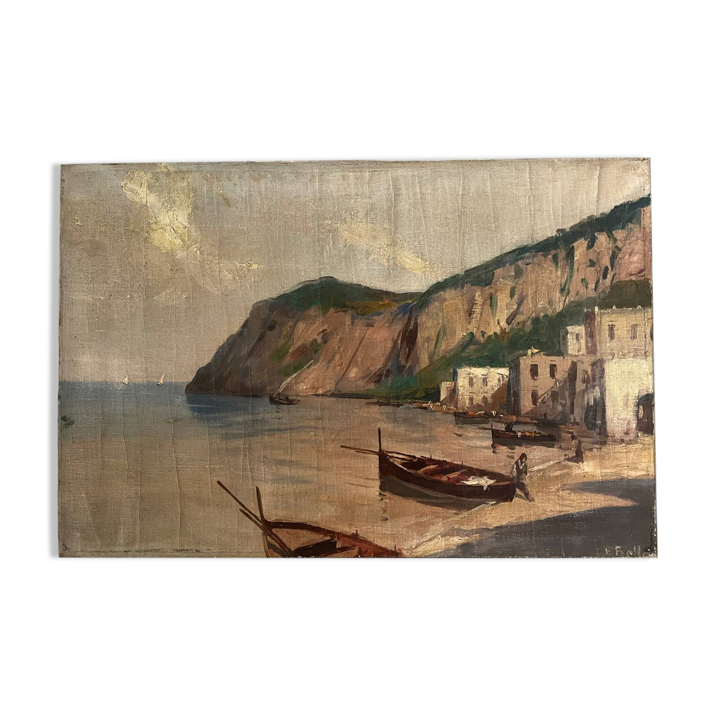 Village in the cliffs, oil on canvas signed E. Bello