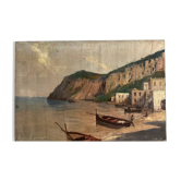 Village in the cliffs, oil on canvas signed E. Bello