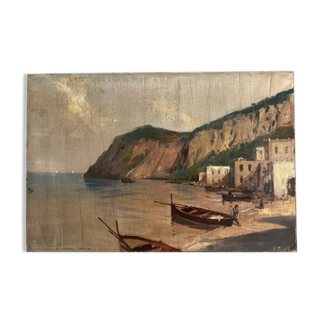 Village in the cliffs, oil on canvas signed E. Bello