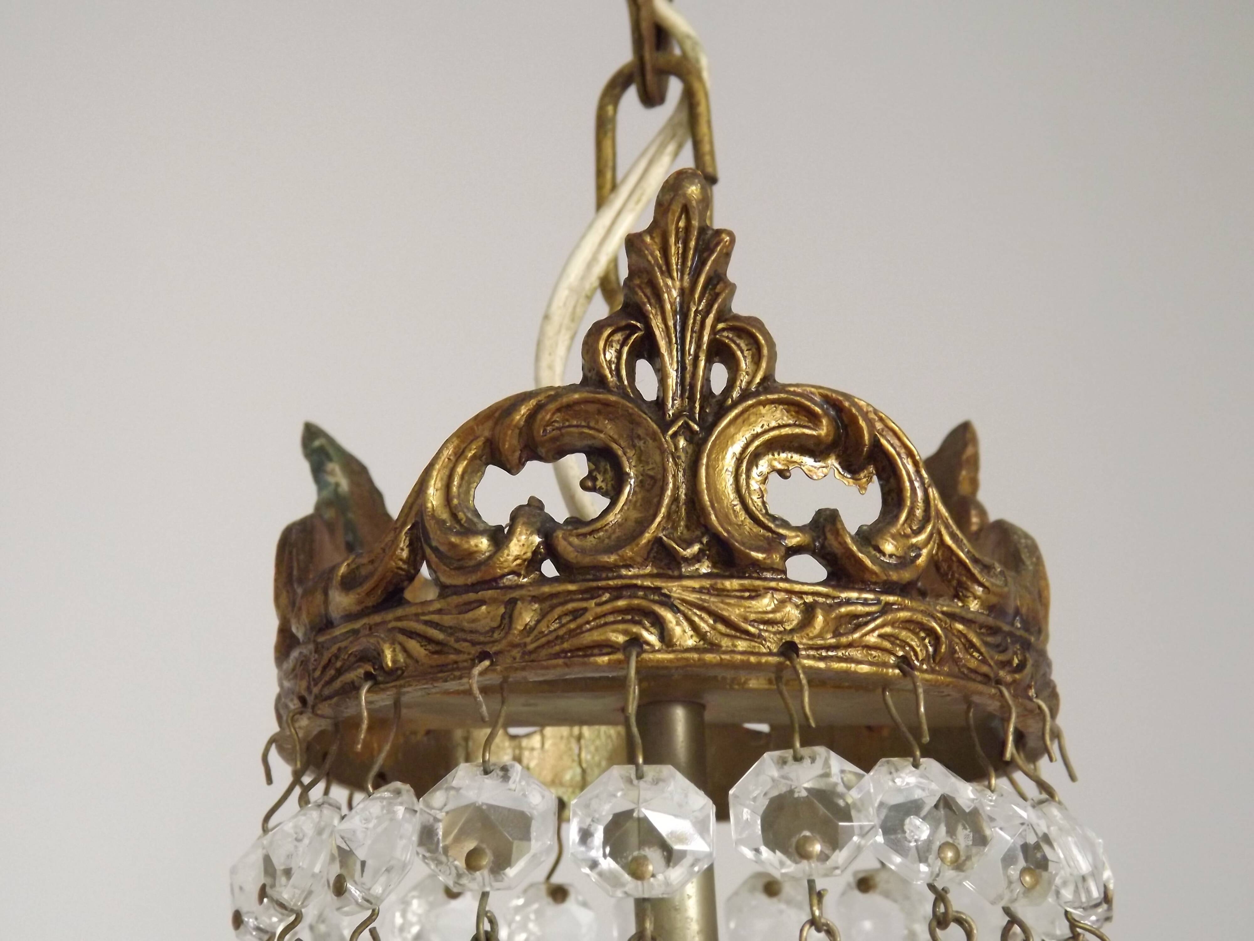 French Empire Style 3 Light Bronze Montgolfier Crystal Basket Chandelier
