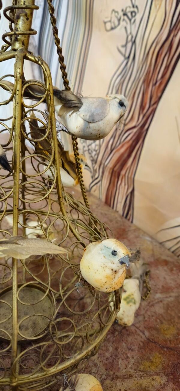 Suspension cage aux oiseaux en métal doré – travail décoratif XXe siècle
