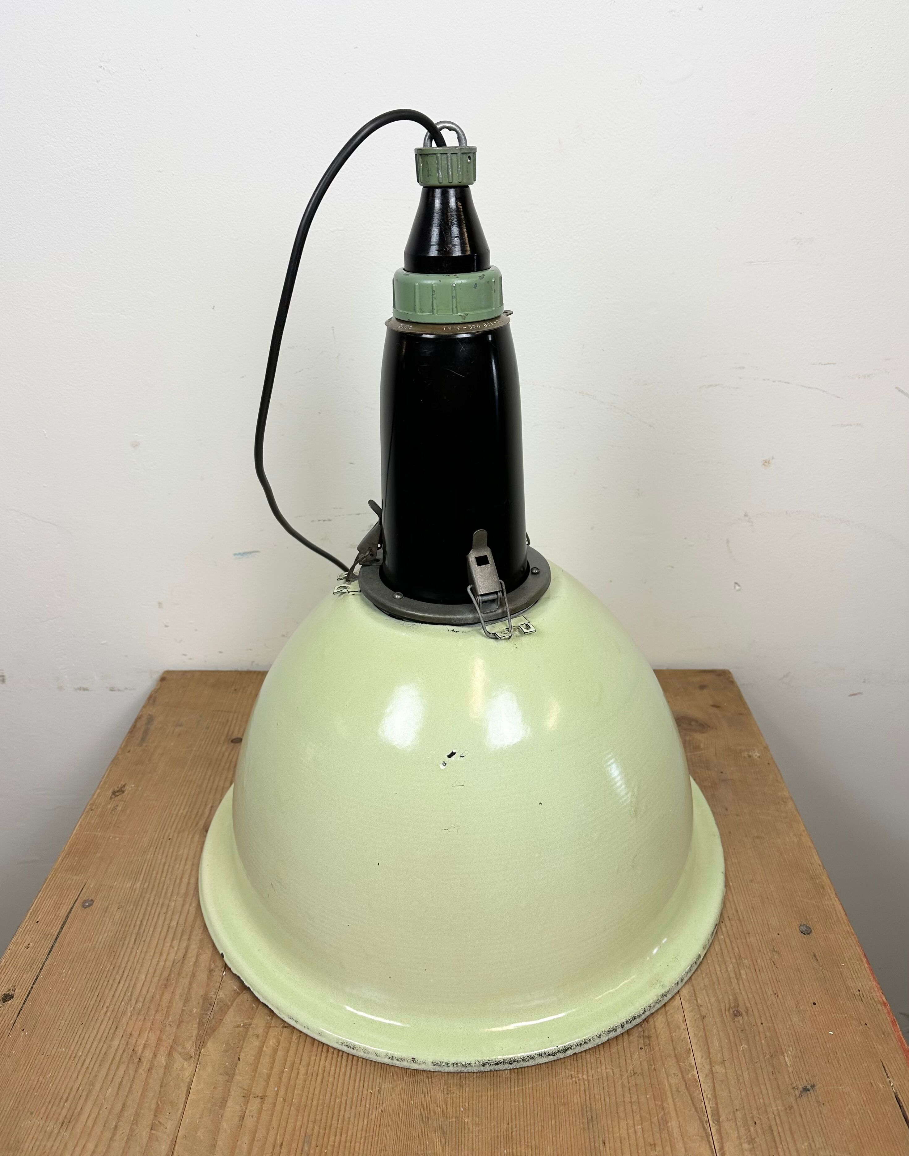 Industrial soviet light green enamel pendant lamp, 1960s