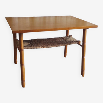 Table basse style scandinave en bois et paillage - années 60