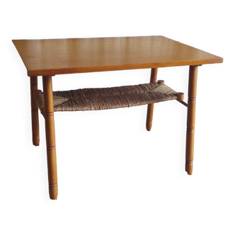 Table basse style scandinave en bois et paillage - années 60