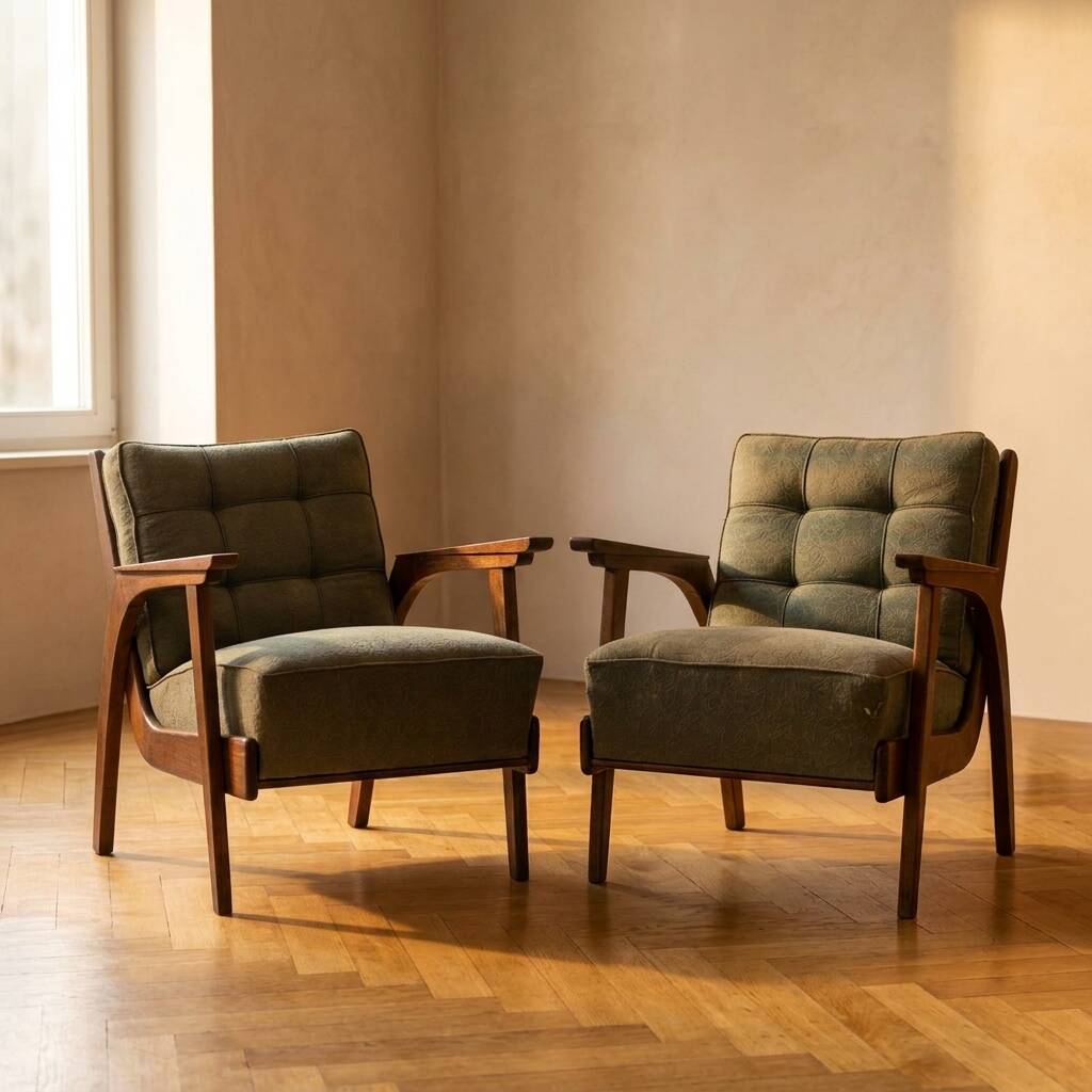 Pair of vintage mid-century lounge armchairs with wooden frames and green upholstery, 68 × 78 × 84 cm