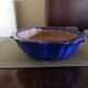 Blue enamelled terracotta tripod pot, saucer cover, middle xxth