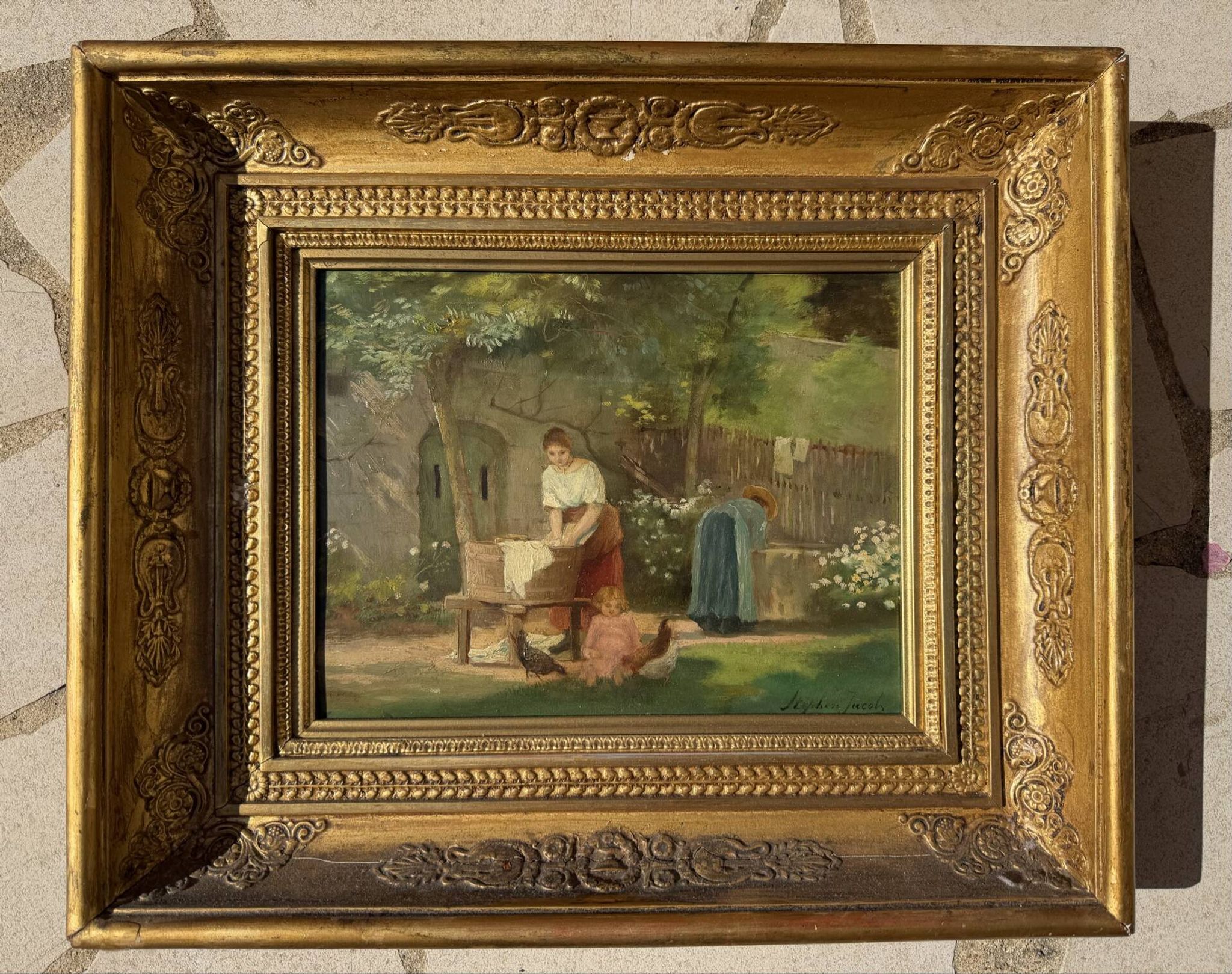 Tableau : huile sur panneau représentant une lavandière