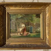 Tableau : huile sur panneau représentant une lavandière
