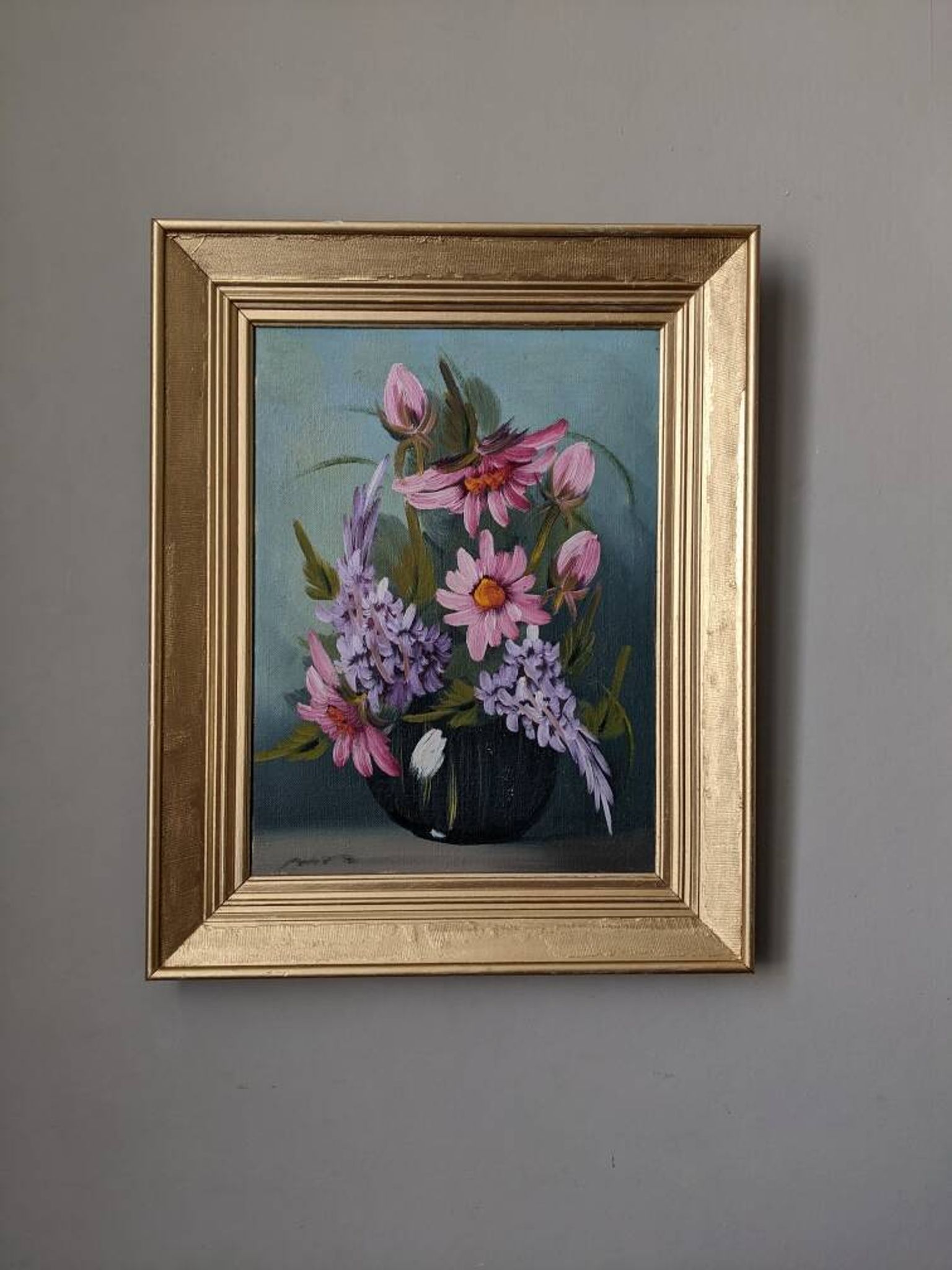 Acrylic painting on canvas, bohemian countryside decoration, flowers, still life