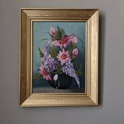 Acrylic painting on canvas, bohemian countryside decoration, flowers, still life