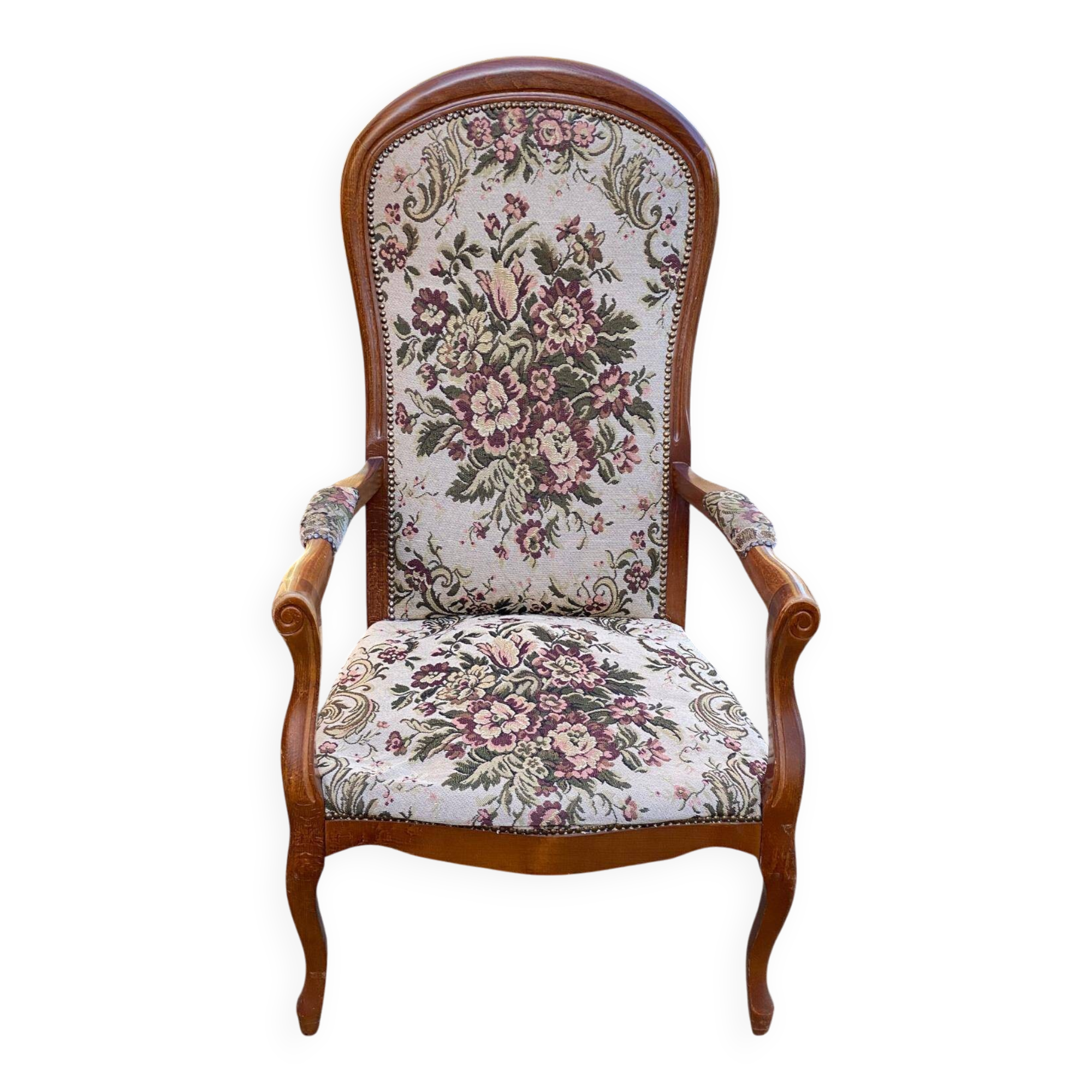 Louis XV Voltaire armchair in solid wood and floral fabric.