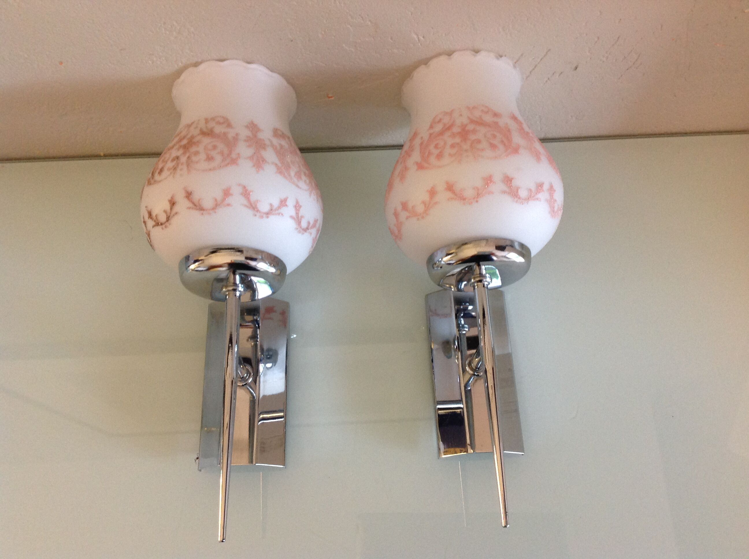 Pair of white opaline and chromed metal / vintage wall lamp 60s-70s