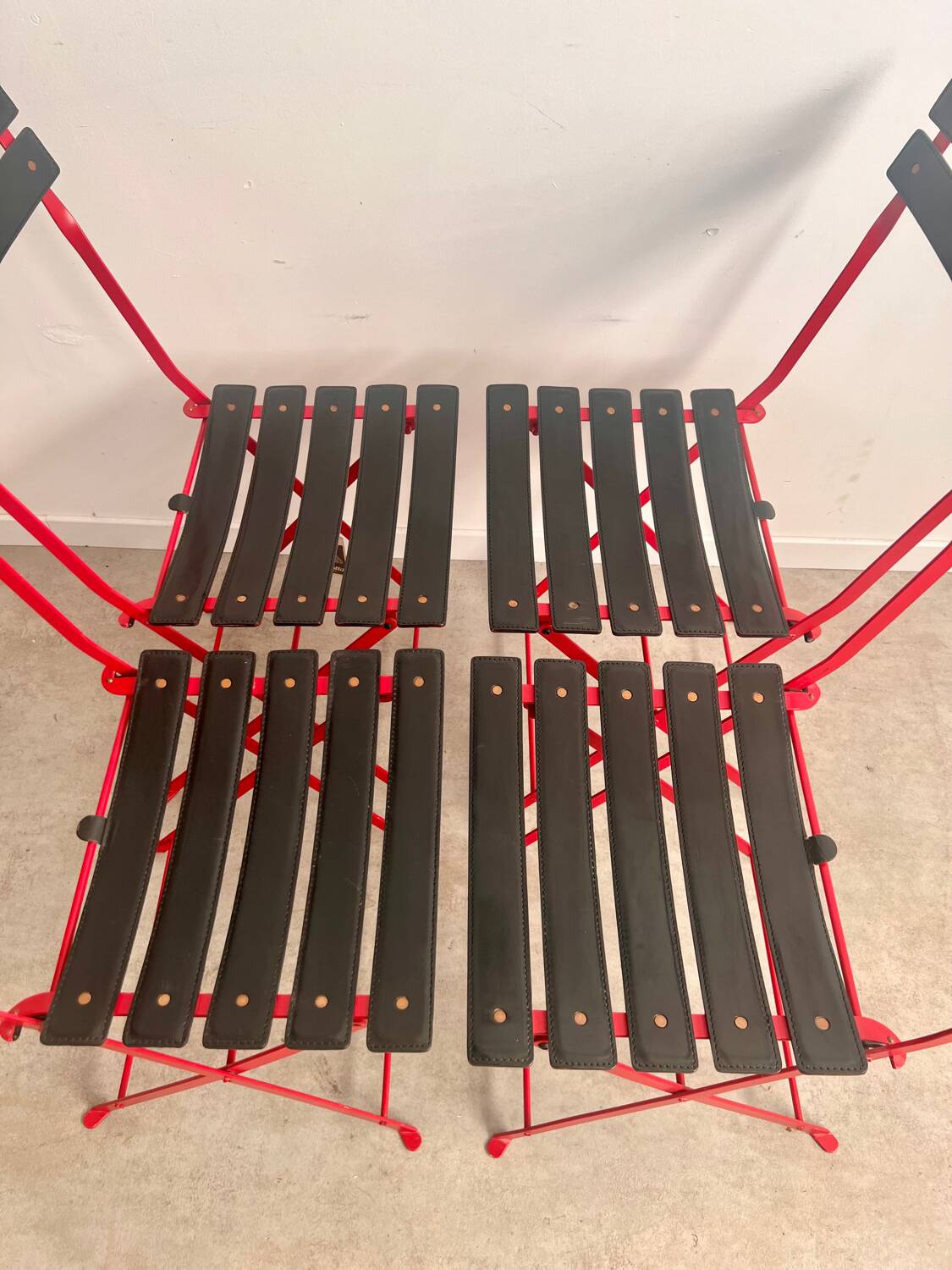 Set of 4 folding leather and metal chairs Italian design Zanuso for Zanotta Celestina vintage