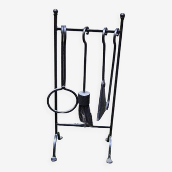 Old Black Wrought Iron Fireplace Servant - 4 Tools