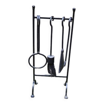 Old Black Wrought Iron Fireplace Servant - 4 Tools