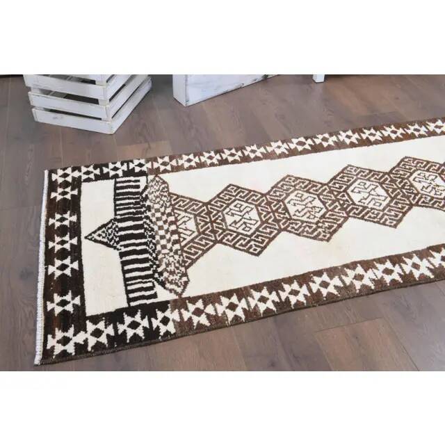 Vintage Turkish Hand-Knotted Wool Cotton White Runner Rug 78x354