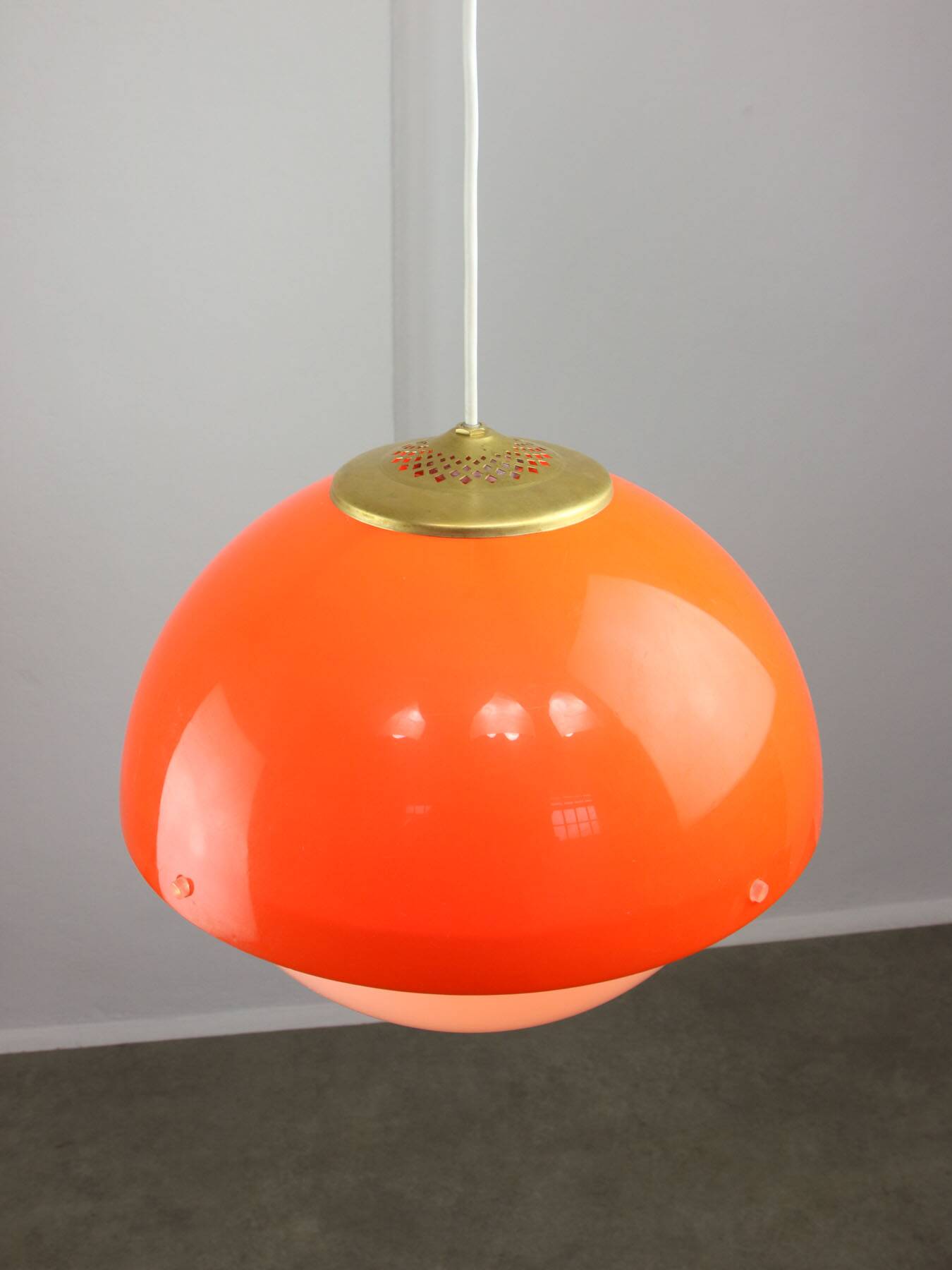Italian Space Age Orange Plexiglass and Brass Pendant Lamp, 1970s
