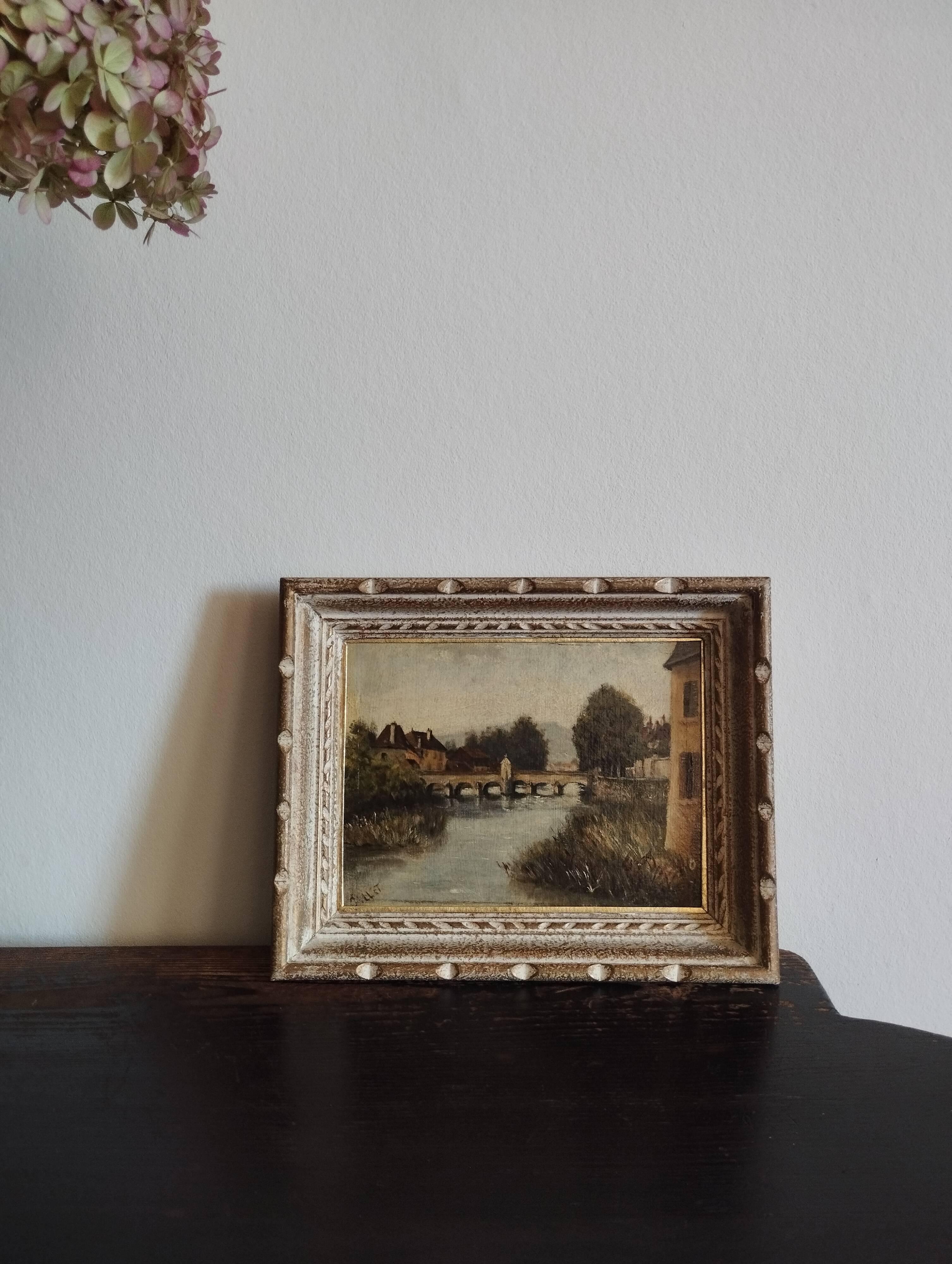 Landscape painting, old oil on cardboard framed signed GILLET.