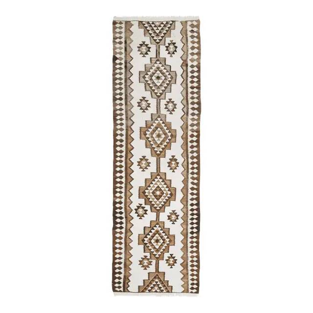 Tapis couloir vintage en laine et coton turc noué à la main blanc 90x307