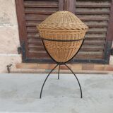 Vintage rattan worker, wrought iron tripod base, 60s