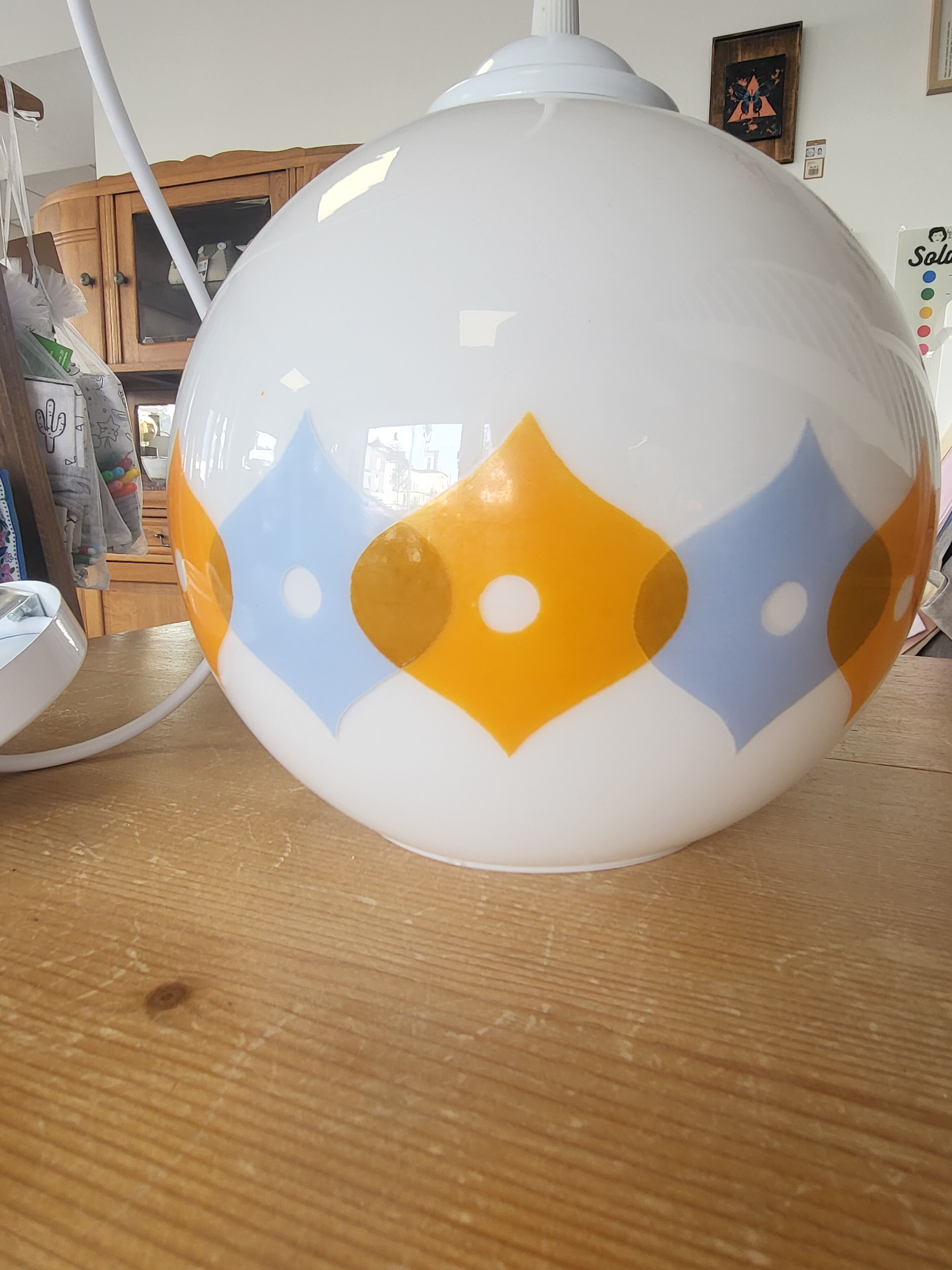 Suspension ball in opaline white geometric patterns orange and blue years 60/70