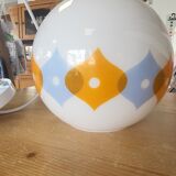 Suspension ball in opaline white geometric patterns orange and blue years 60/70