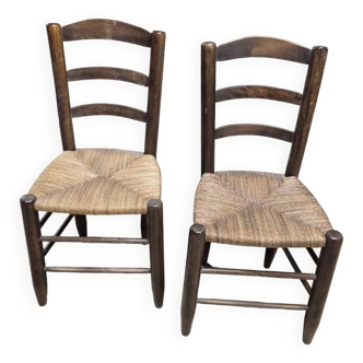 Paire de chaises en paille rustique campagnard montagne ancienne 1950s