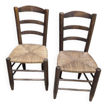 Pair of rustic country mountain straw chairs, old 1950s