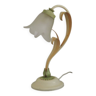 French Vintage Lamp In Cream Peach and Green With Glass Flower Petal Shade