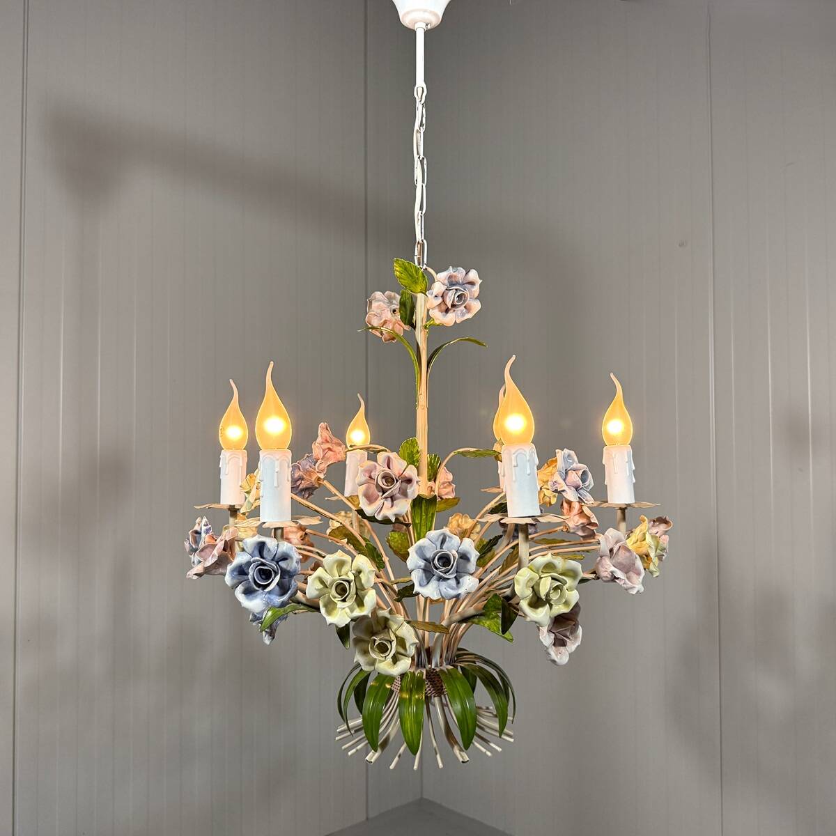 Italian tole chandelier porcelain flowers 1950’s