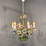 Italian tole chandelier porcelain flowers 1950’s